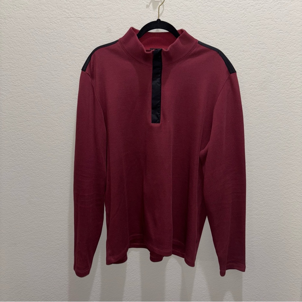 Hugo Boss Men's Burgandy and Black 1/4 Zip-Up Sweater